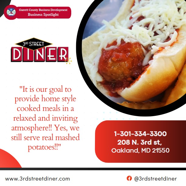 Today's Business Spotlight 🍽 is on 3rd Street Diner!
Visit them at www.3rdstreetdiner.com or 3rd Street Diner
Follow us to see more daily Garrett County Business Spotlights! 
If you are interested in having your business featured contact Connor Norman at cnorman@garrettcountymd.gov. #garrettcountymd #businessdevelopment